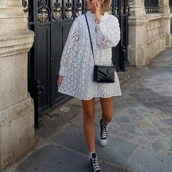 Zara Flower Lace Textured Long Sleeve Babydoll Mini Dress Size M - Picture 1 of 13